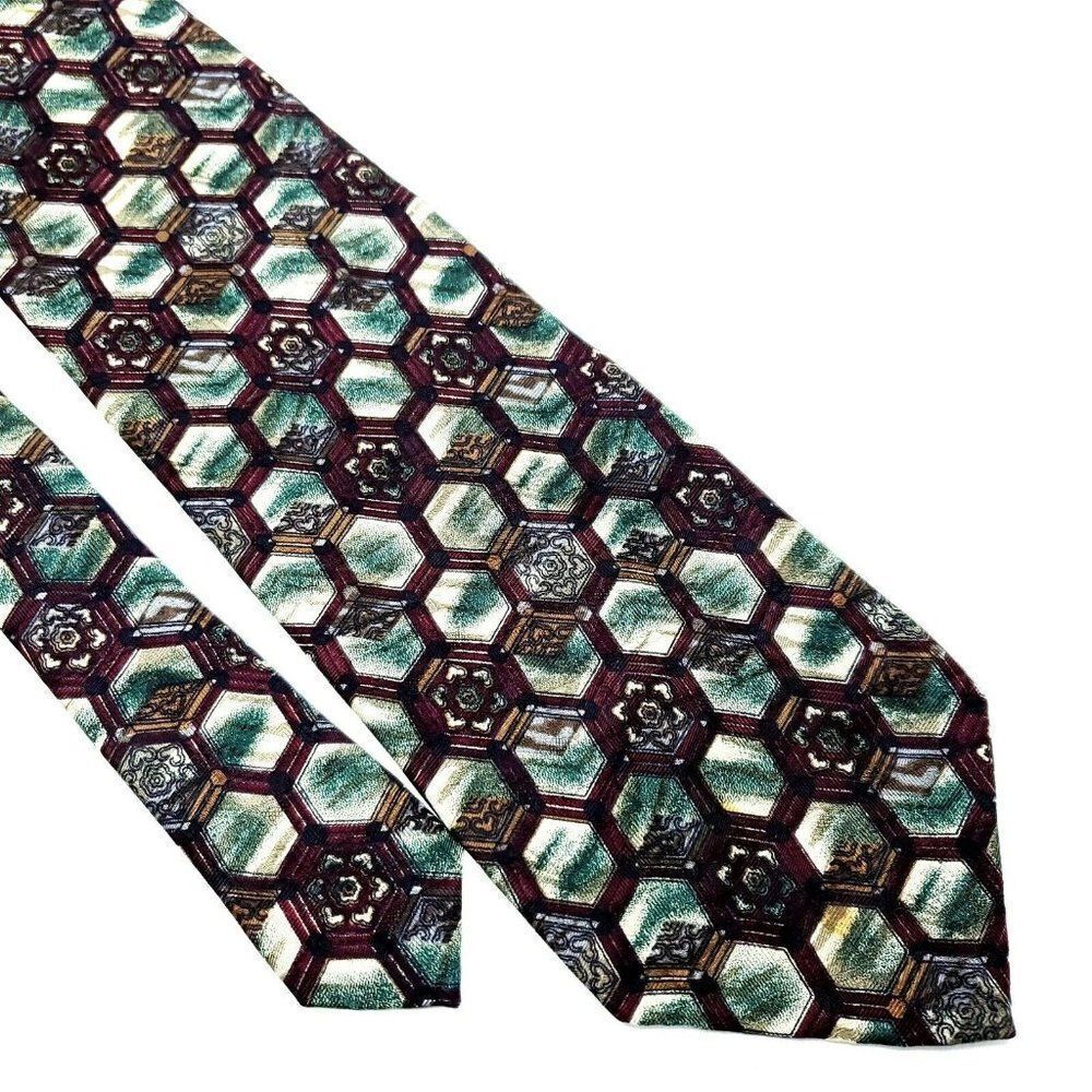 XMI Silk‎ Tie Maroon Green Geometric Short Wide